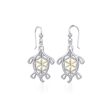 Turtle with Flower of Life Shell Silver and Gold Earrings MER1784 - Jewelry